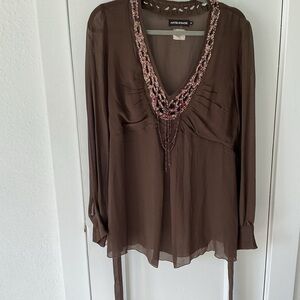 Antik Batik Chocolate Tunic Blouse, pure silk with hand sewn beading.